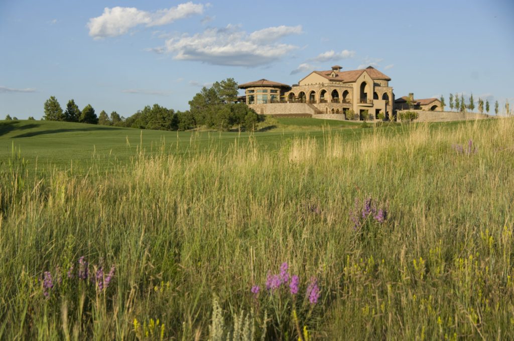 Clubhouse overlooking the golf course with purple flowers in grass