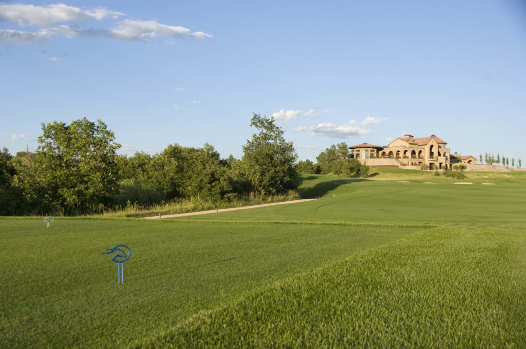 Flying Horse pin on golf course facing clubhouse